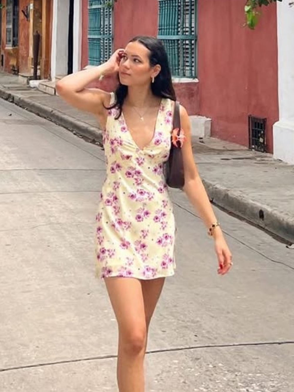Yellow Floral V-Neck Mini Dress